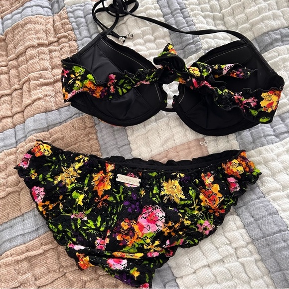 Vtg black floral tropical colorful bright push up top lettuce trim bikini set - Picture 5 of 8